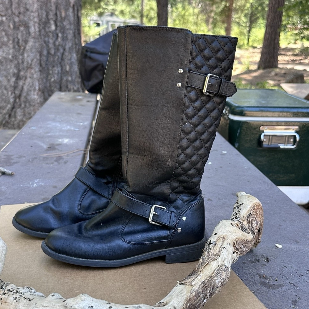 Kohl's Faux Leather Black Biker Boots Size 4 Buckles Side Zip Mid Calf Big Girls